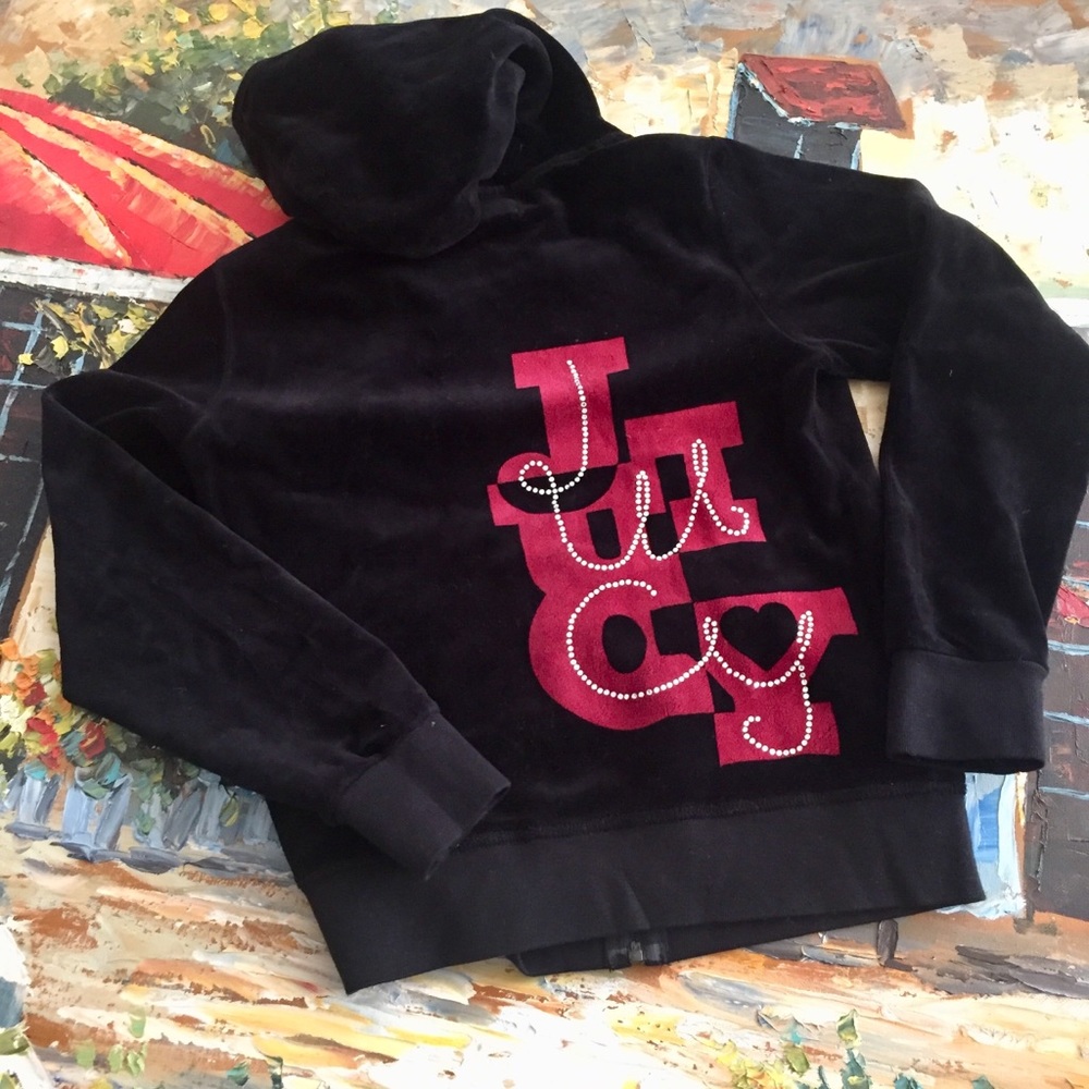 Juicy Couture Girls Black Velour Hoodie Jacket, back logo. Size 10. Y2K. EUC